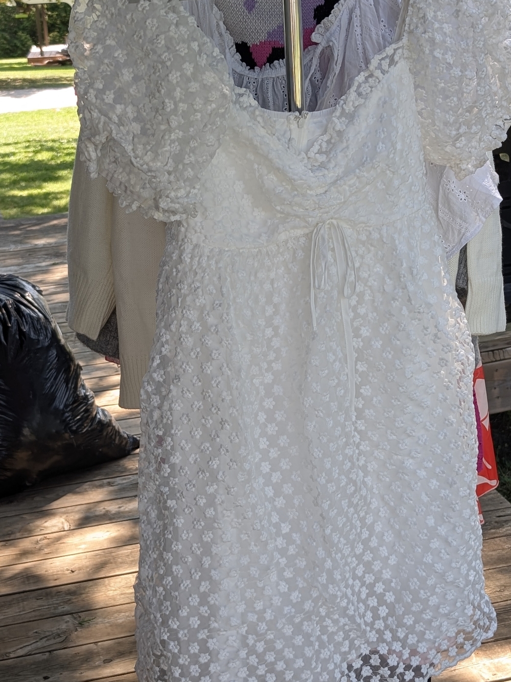 SHEIN White Puff-Sleeve Floral Eyelet Midi Dress
